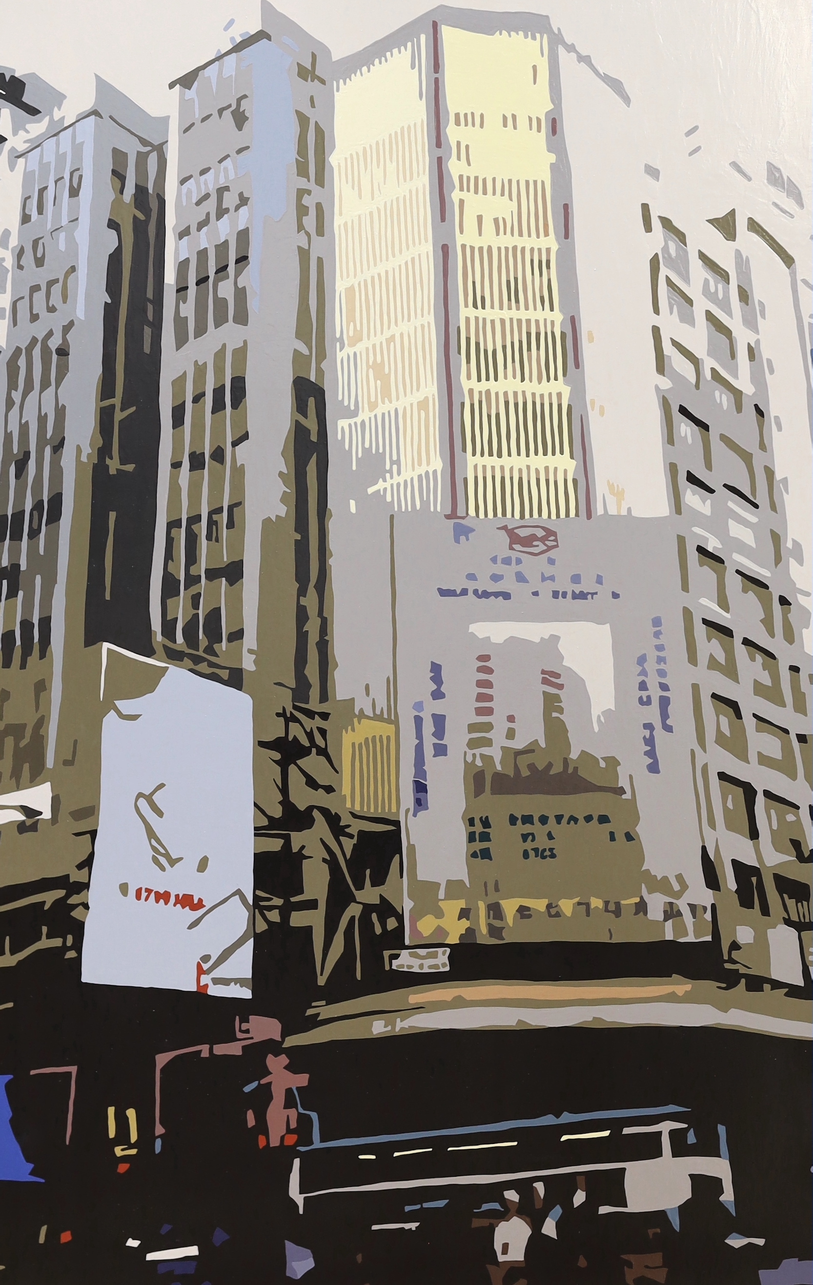 Alicia Dubnyckyj (b.1979), acrylic on panel, Cityscape, signed verso and dated 2002, 89 x 60cm, unframed